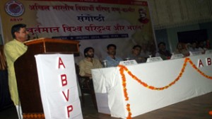 Senior RSS functionary Dattatrey Hosawale addressing a seminar organised by ABVP at Jammu on Wednesday. 