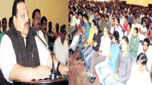 Provincial president, NC, Devender Singh Rana, addressing a gathering of local cricketers at Nagrota in Jammu.