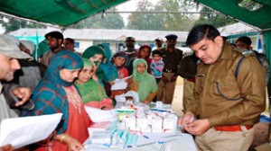 Patients being given free medicines during a medical camp organised by 183 Battalion CRPF in Pulwama.