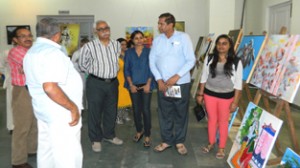 Dignitaries during concluding function of All India Exhibition of Painting at Jammu on Saturday.