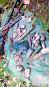 Arms, ammunition and explosives seized by Army and police at forests in Ramban district on Monday.