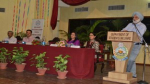 `JU VC, Prof Mohan Paul Singh Ishar, addressing the participants during 9th Inter-University Justice Bodh Raj Sawhney Memorial Debate Contest at Jammu.