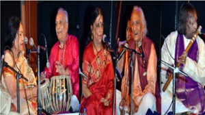 Sumitra Guha, Ustad Hasmat Ali Khan, Uma Garg, Pt L K Pandit and Pt Rajindra Prasanna during SaMaPa concert at New Delhi.