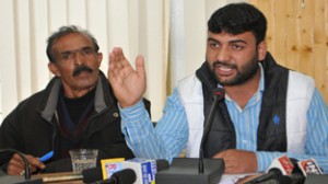 J&K Casual and Daily Wagers Forum of PHE Department President Sajad Ahmad Parray talking to reporters on Tuesday.