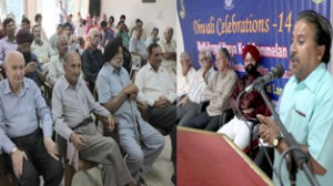 A poet presenting his poetry during a function in Jammu on Wednesday.  -Excelsior/Rakesh