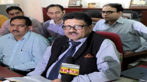 Principal, IGGDC Jammu, Dr Romesh Singh along with others addressing a press conference at Jammu on Tuesday. —Excelsior/Rakesh