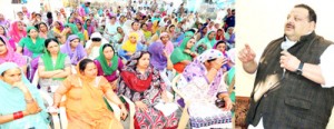 Provincial President NC, Devender Singh Rana addressing women wing workers at Nagrota on Monday.