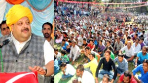 Provincial President NC Devender Singh Rana addressing public gathering on Sunday.