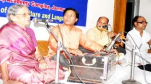 Artists presenting item during Sugam Sangeet at KL Saigal Hall, Jammu on Tuesday.
