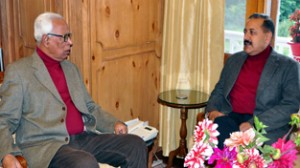 Union Minister, Dr Jitendra Singh discussing important issues with Governor N N Vohra on Sunday.