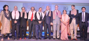  Union Minister and nationally known Diabetologist Dr Jitendra Singh flanked by Dr Prathap Reddy, Chairman, Apollo chain of Hospitals, Dr Chris Viehbacher, Sanofi's Global CEO, Dr Shaukat Sadikot, President International Diabetes Federation, Dr Deepak Chopra, Researcher & author and others at the launch of "Apollo Sugar" Initiative at New Delhi.
