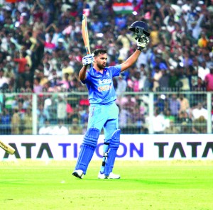 Rohit Sharma celebrates after hitting 200 against Sri Lanka at Eden Gardens in Kolkata on Thursday (UNI)