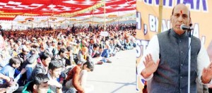 Union Home Minister Rajnath Singh addressing an election campaign rally at Bhaderwah on Wednesday. -Excelsior/Tilak Raj