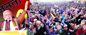 Prime Minister Narendra Modi addressing a huge rally at Chowgan Ground in Kishtwar on Saturday. Another pic on page 5. -Excelsior/Tilak Raj