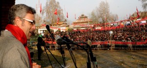 Chief Minister and National Conference working president Omar Abdullah during an election rally in Handwara on Saturday. 	— Excelsior/ Aabid Nabi