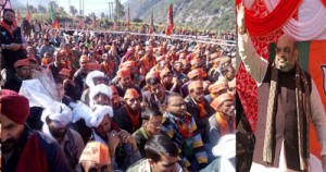 BJP president Amit Shah addressing a mammoth public meeting at Ramban on Thursday. Another pic on page 4.        —Excelsior/Parvez