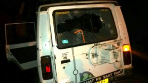 The  bullet ridden rear  view of TATA Sumo  in which three   militants  were killed in Pulwama district on Thursday evening. —Excelsior/ Younis Khaliq  