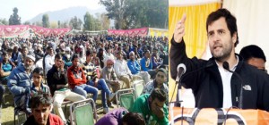 AICC vice president Rahul Gandhi addressing large election rally at Poonch on Tuesday. -Excelsior/ Harbhajan