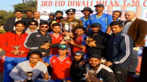 The winning team of 3rd Eid Diwali Milan Cricket Cup posing alongwith trophy with DIG Jammu-Kathua Range, Shakeel Beig.