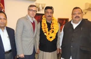 Chief Minister Omar Abdullah and NC Provincial President Devender Singh Rana welcoming former DIG Israr Khan (Lali Khan) into party fold  on Thursday.