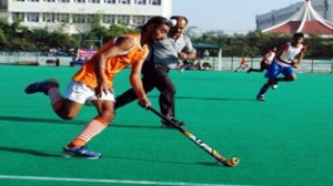 Players in action during a match of 2nd Sant Gurbaksh Memorial Hockey Tournament in Jammu. 
