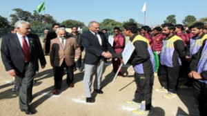 Dignitaries interacting with players during inaugural function of Handball champion at Jammu University on Sunday.  -Excelsior/Rakesh