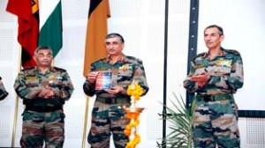 GOC-in-C Northern Command Lt Gen DS Hooda (R) and other Army officers releasing souvenir during CME at Udhampur.