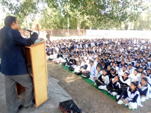 Dignitary expressing his views during financial inclusion and literacy programme at district Kathua on Thursday.