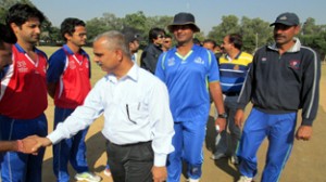 Ashok Sharma SSP, SO to IGP Jammu interacting with players during a semifinal match at Gulshan Ground in Jammu.