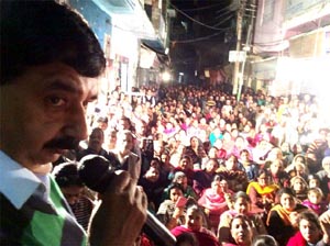 Pawan Gupta addressing a public meeting at Udhampur on Saturday. -Excelsior/Pawan