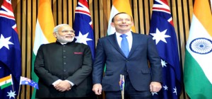 Prime Minister Narendra Modi with the Prime Minister of Australia, Tony Abbott at the signing of agreements, after bilateral talks, in Canberra, Australia on Tuesday. (UNI)
