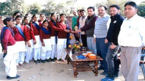 Students being felicitated during the concluding function of sports meet at MS Rathian.