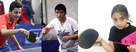 Young peddlers executing backhand shots, while promising Iknoor executing forehand shot during State TT Championship in Jammu. -Excelsior/Rakesh