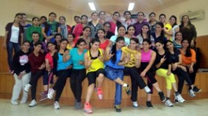 Participants of Zumba fitness workshop posing for a group photograph at Amar Singh Club in Jammu. 