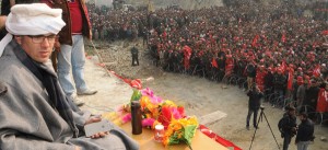 Chief Minister Omar Abdullah addressing party supporters after filing his nomination papers at Beerwah on Thursday. —Excelsior/Amin War