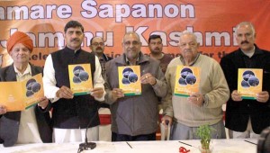 BJP leaders releasing Vision Document at Jammu on Thursday.     —Excelsior/Rakesh