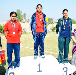Winners receiving medals during Athletic Meet at Sanskriti School in Jammu.