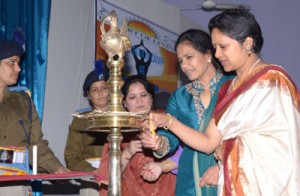 Dignataries lighting traditional lamp to inaugurate Yoga camp at CRPF, Group Centre Bantalab on Thursday.