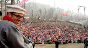 Chief Minister and National Conference working president Omar Abdullah during election rally in Noorabad on Thursday.— Excelsior/ Amin War