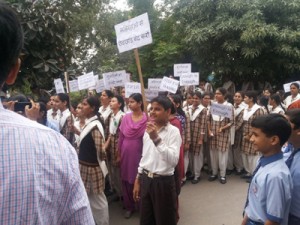 Students taking out protest rally in Miran Sahib.