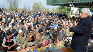 Patron People’s Democratic Party Mufti Mohd Sayeed addressing party workers on Saturday. -Excelsior/Amin War