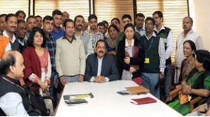 Union Minister Dr Jitendra Singh posing for a photograph with the award winners of Hindi language competitive events in the Ministry of Development of North Eastern Region (DoNER) in New Delhi on Monday.