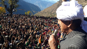 Leader of Opposition in Rajya Sabha Ghulam Nabi Azad addressing a public rally in Chenab Valley on Saturday.