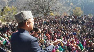 Leader of Opposition in Rajya Sabha Ghulam Nabi Azad addressing a public gathering in Banihal on Wednesday.