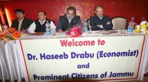 PDP senior leader Dr Haseeb Drabu speaking at interactive session on Sunday.q