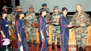 Bhaderwah girls being welcomed at White Knight Corps on arrival from a tour to Delhi & Jaipur on Monday. 