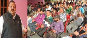NC candidate from Nagrota Devender Singh Rana addressing a public rally on Thursday.