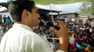 R S Pathania, BJP candidate from Ramnagar Assembly segment, addressing public rally on Monday.
