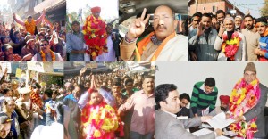 Row First: BJP candidate Pawan Khajuria in Udhampur, Congress candidate Vinod Khajuria in Ramnagar, BJP leader Mohammad Maqbool War at Langate and Congress candidate Mohammad Yasin Bhat in Handwara during filing of nomination papers on Friday. Row Second: BJP rebel Pawan Gupta in Udhampur, Independent Karnail Singh in Reasi and Congress candidate Bashir Naz in Poonch.—Excelsior pics by / Harbhajan, Mengi & Amin War