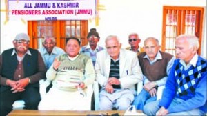 Madan Lal Abrol, general secretary, All J&K State Pensioner Association addressing the press conference on Saturday.